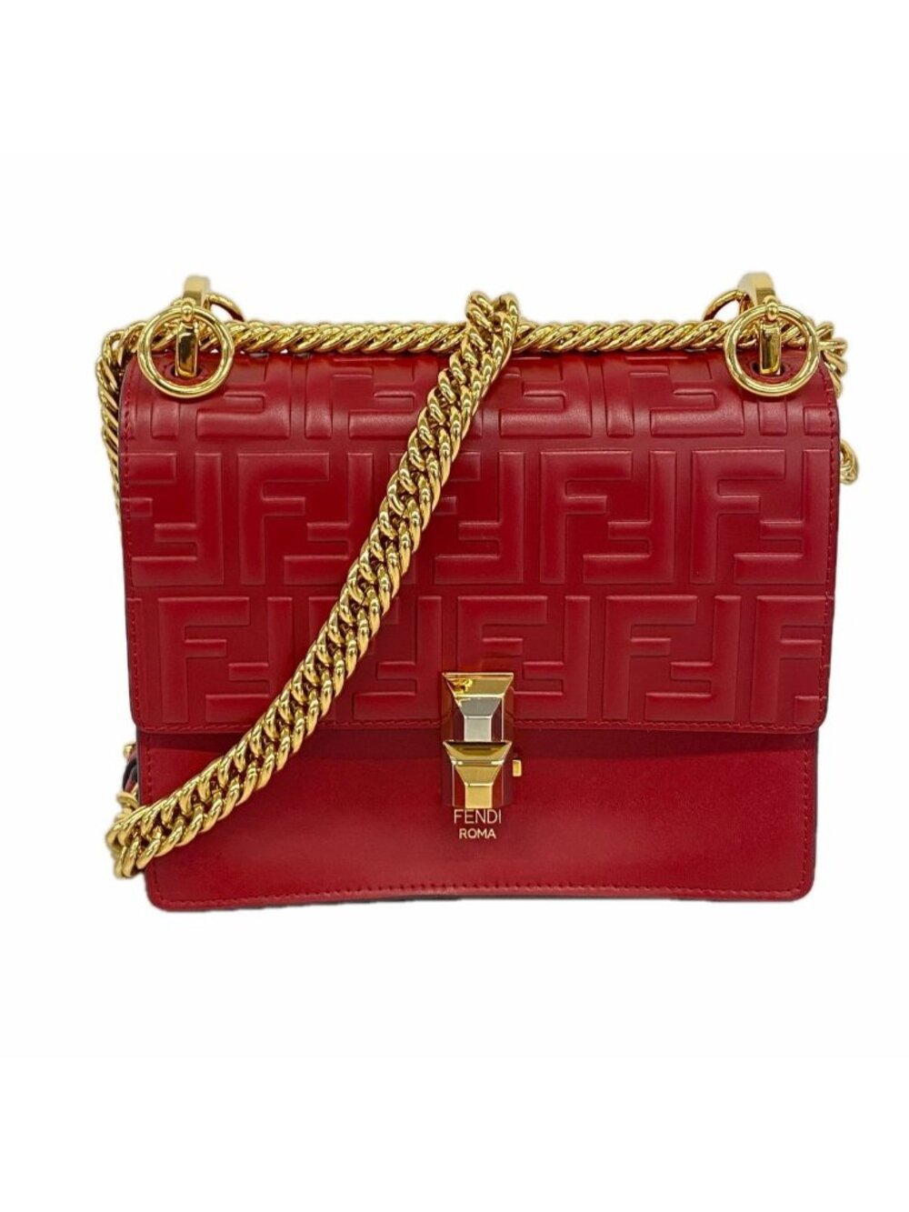 Fendi Shoulder Bag Canai Mini Leather Red Gold Silver